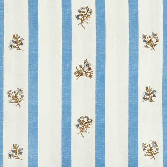 Sample - Paper-backed Flax & Field Posy Stripe Printed Linen Wallcovering Cornflower Blue/Oyster