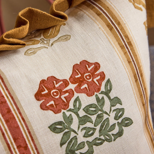 Folkloric Floral Print Cushion in Amber with Old Gold Frill