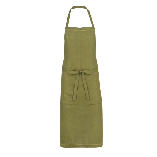 fern green apron with ochre hemstitch