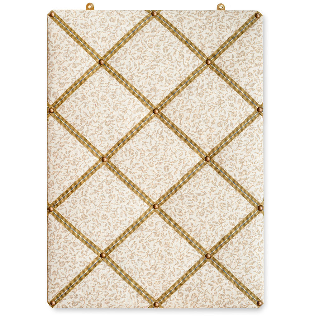 Ribboned Bulletin Board in Volga's Pomegranate Print in Tawny Gold with Olive Trim