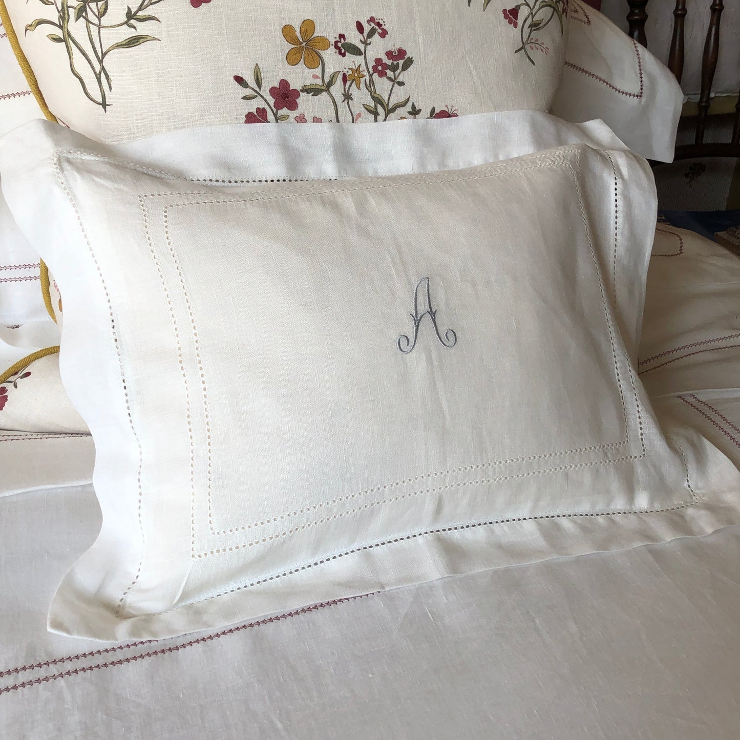 Boudoir Pillow Hemstitch Ivory White With "A" Embroidery Antique French Parma Grey