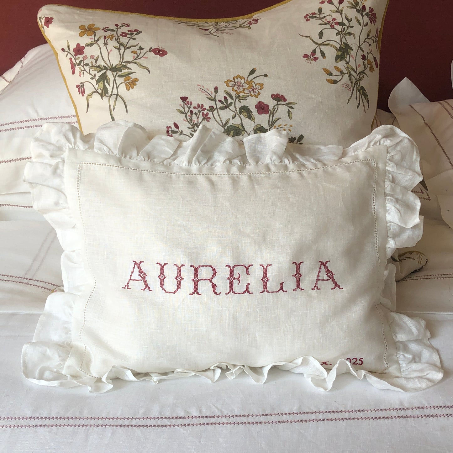 Boudoir Pillowcase With Frill With Aurelia & Date Embroidery in Volga Red Cross Stitch