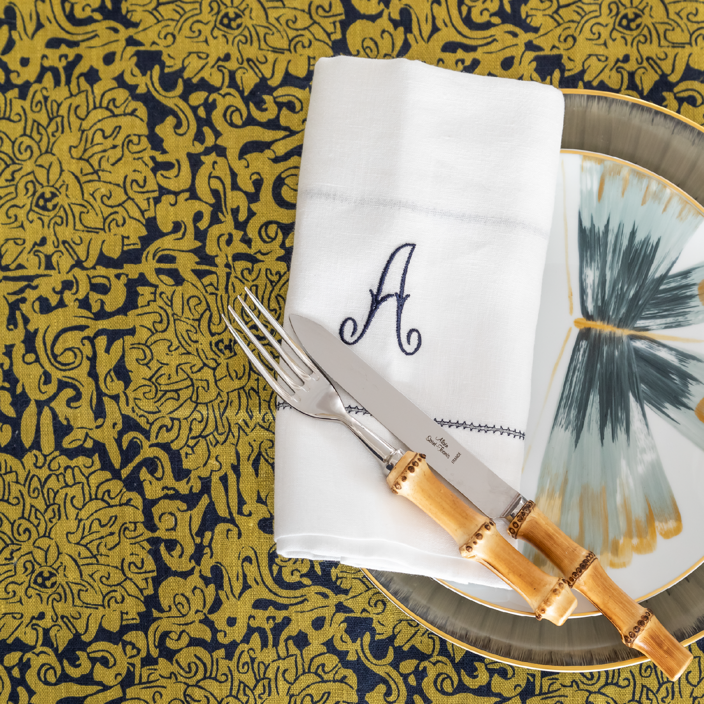 Chrysanthemum Dual Use Archive Print in Chinese Yellow & Prussian Blue