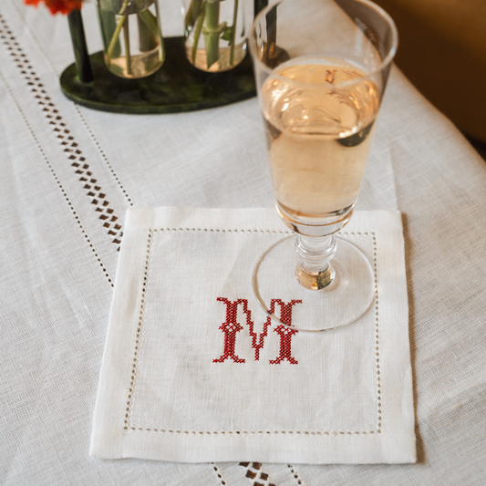 Cocktail Napkin Hemstitch with Red Cross Stitch Initial