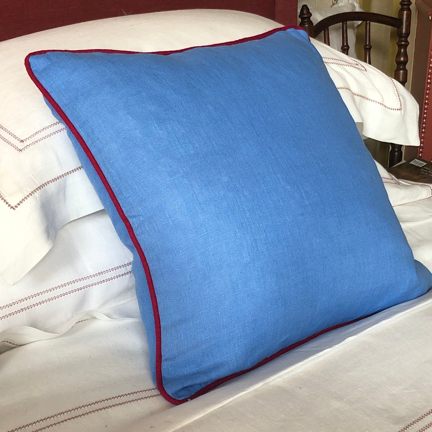 Cornflower Blue Cushion with Volga Red Trim