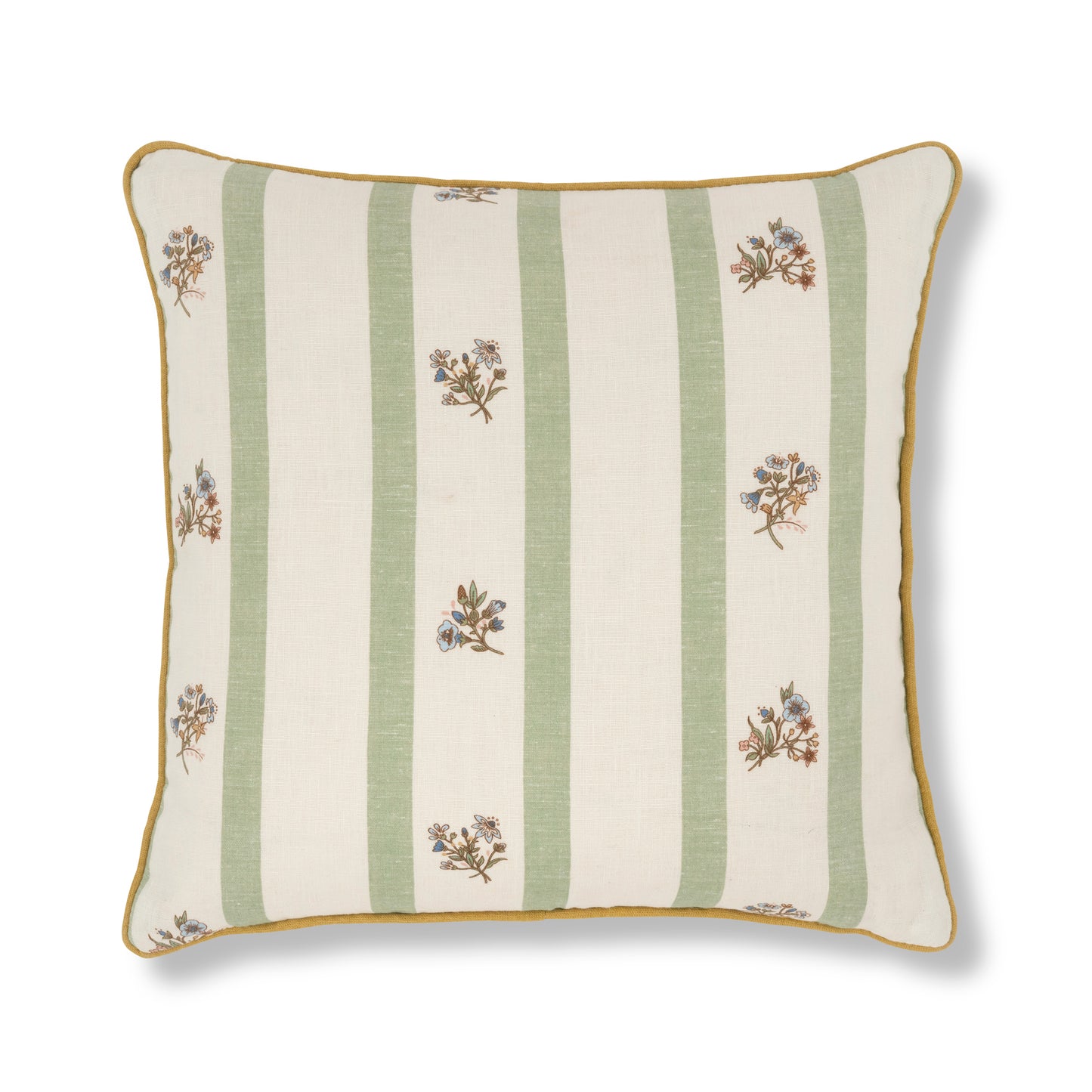 Flax & Field Posy Stripe Eucalyptus Cushion with Ochre Trim