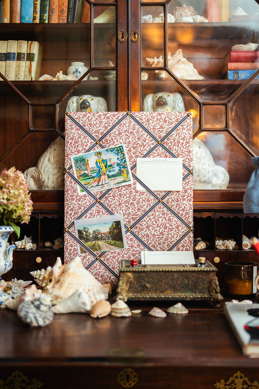 Ribboned Bulletin Board in Volga's Pomegranate Print in Marsala with Peacoat Trim