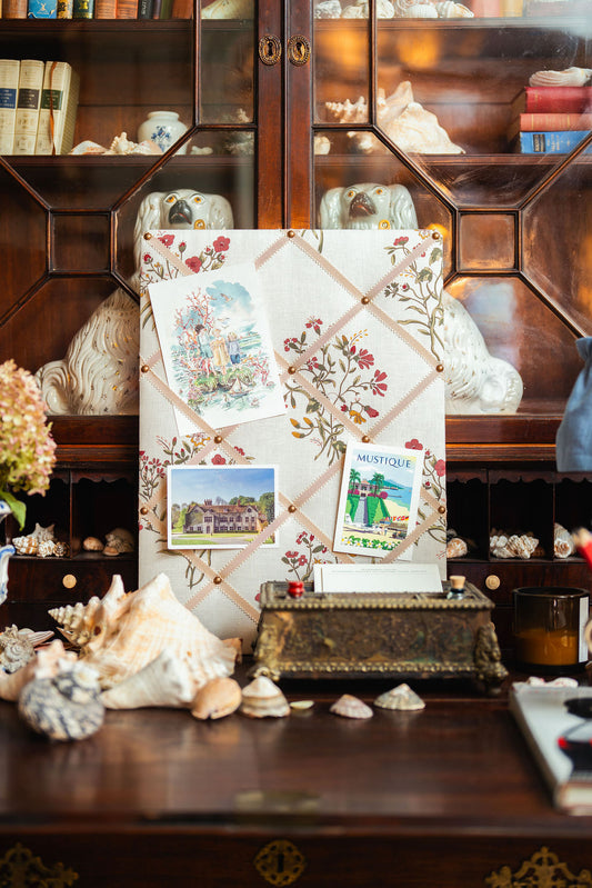 Ribboned Bulletin Board in Volga’s Flax & Field Flower Scarlet Print with Macadamia Trim
