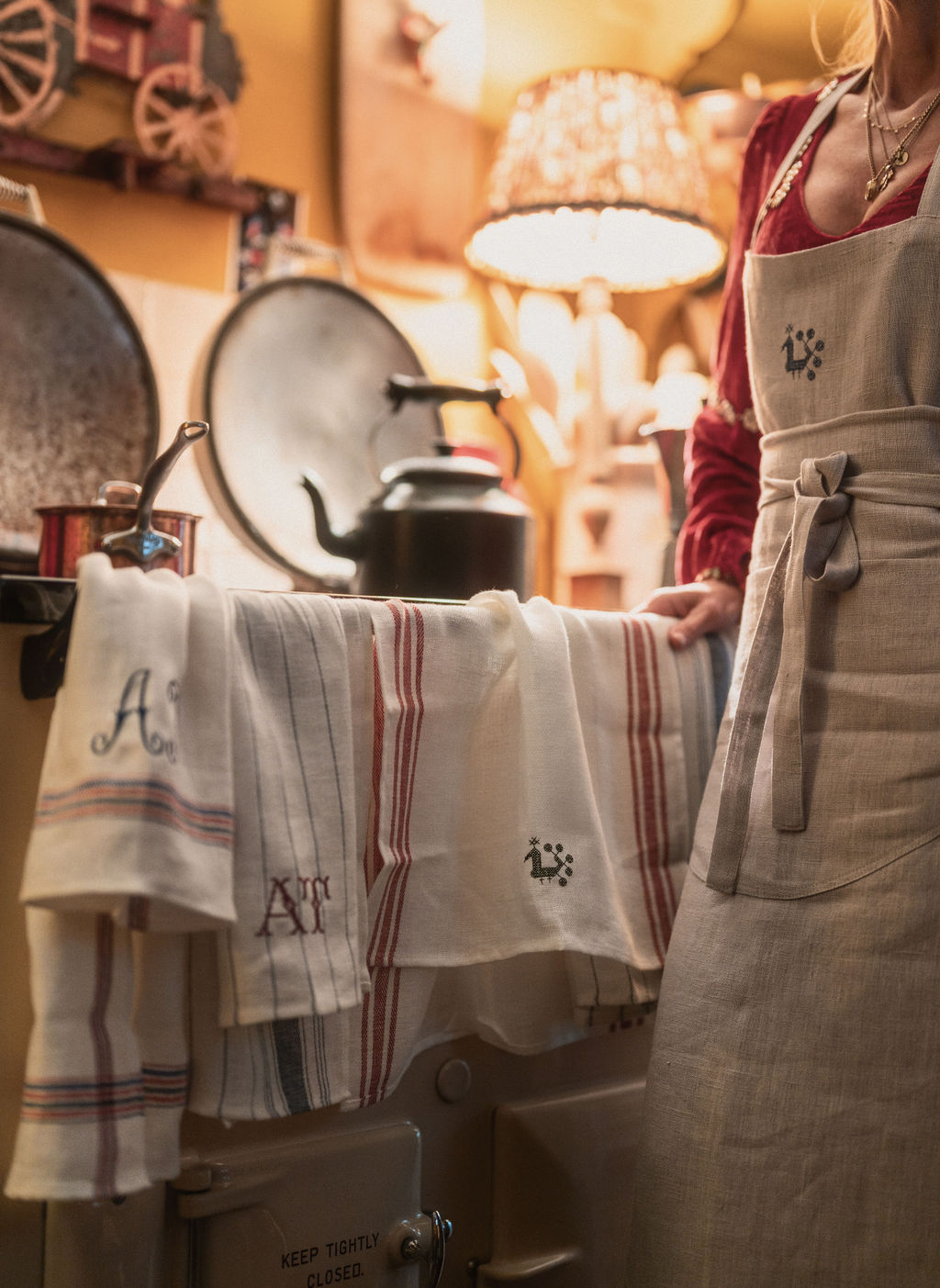Individual French Red Tea Towel with Blue Antique French Embroidery