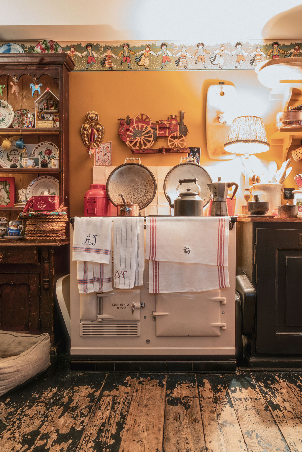 Individual French Red Tea Towel with Blue Antique French Embroidery
