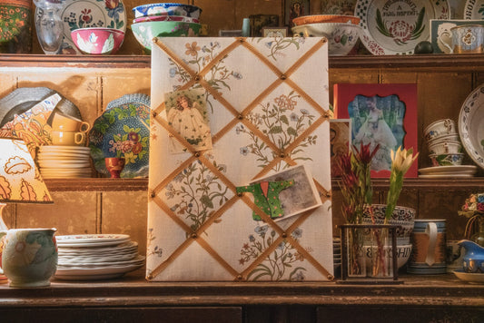 Ribboned Bulletin Board in Volga’s Flax & Field Flower Print with Ochre Trim