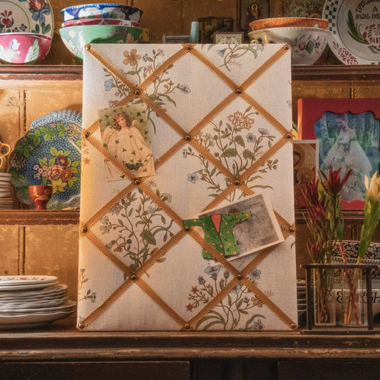 Ribboned Bulletin Board in Flax & Field Flower Print in Multi with Antique Gold Picot Trim
