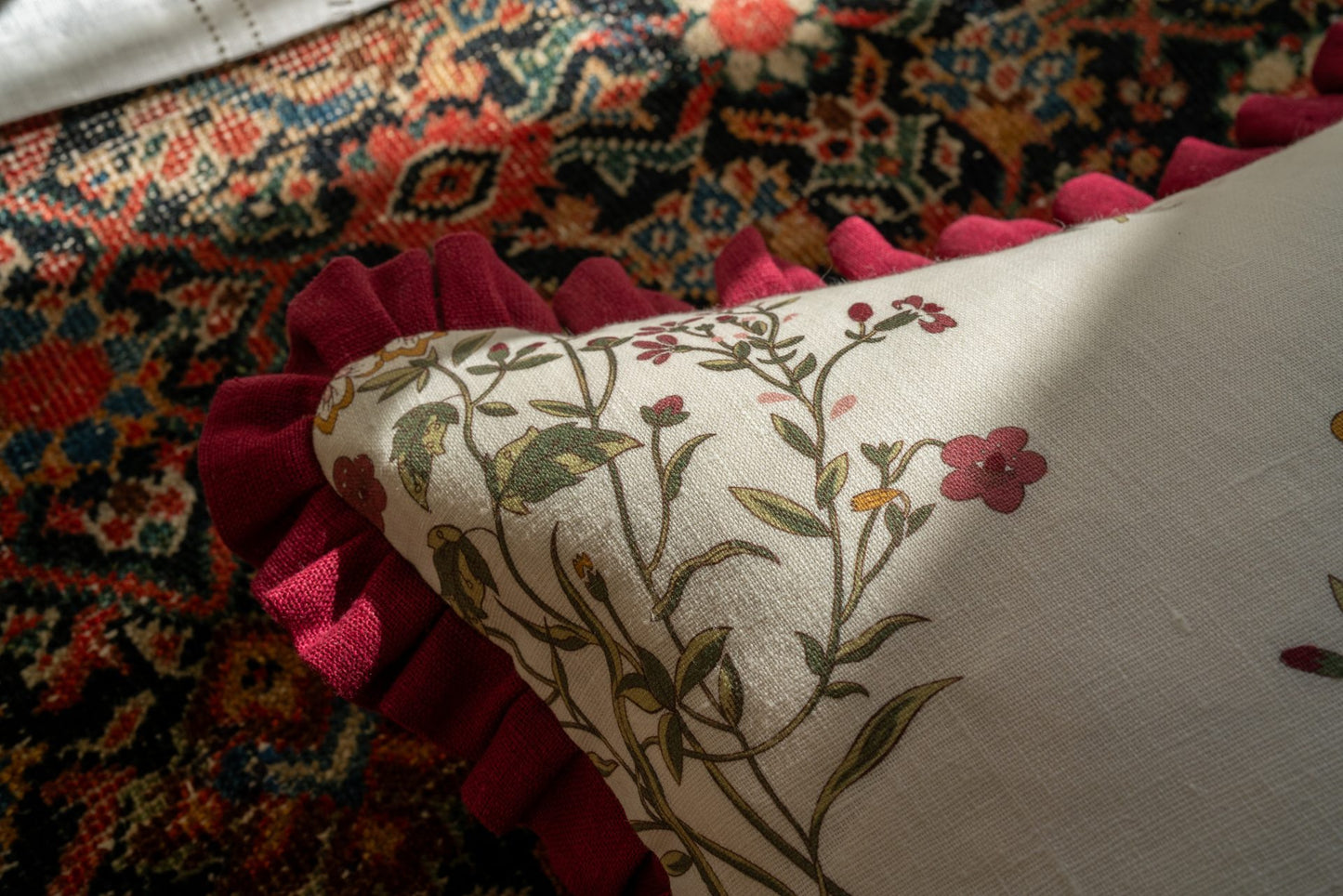 Flax & Field Flower Print Cushion in Scarlet with Scarlet Frill