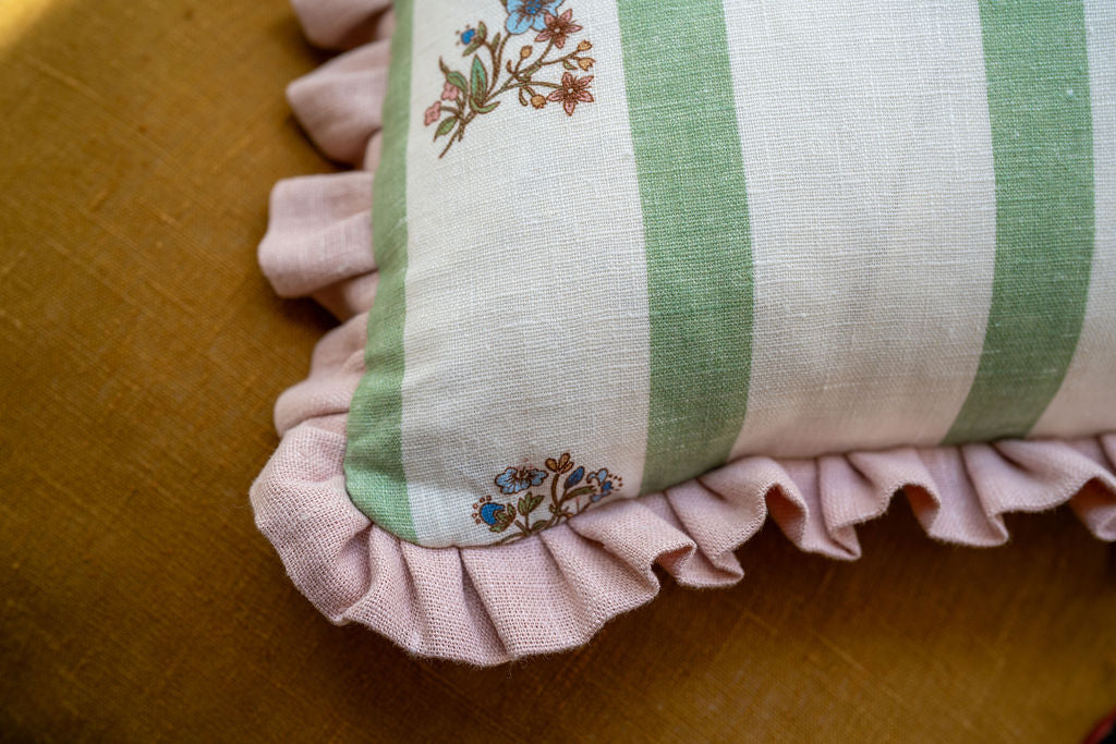 Flax & Field Posy Stripe Dual Use Printed Linen Eucalyptus/Pale Oyster