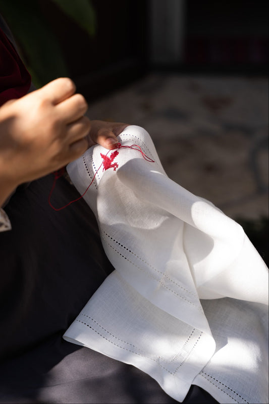 Set of 2 Double Hemstitch Edge Napkins with Palestinian Red Bird Hand Embroidery