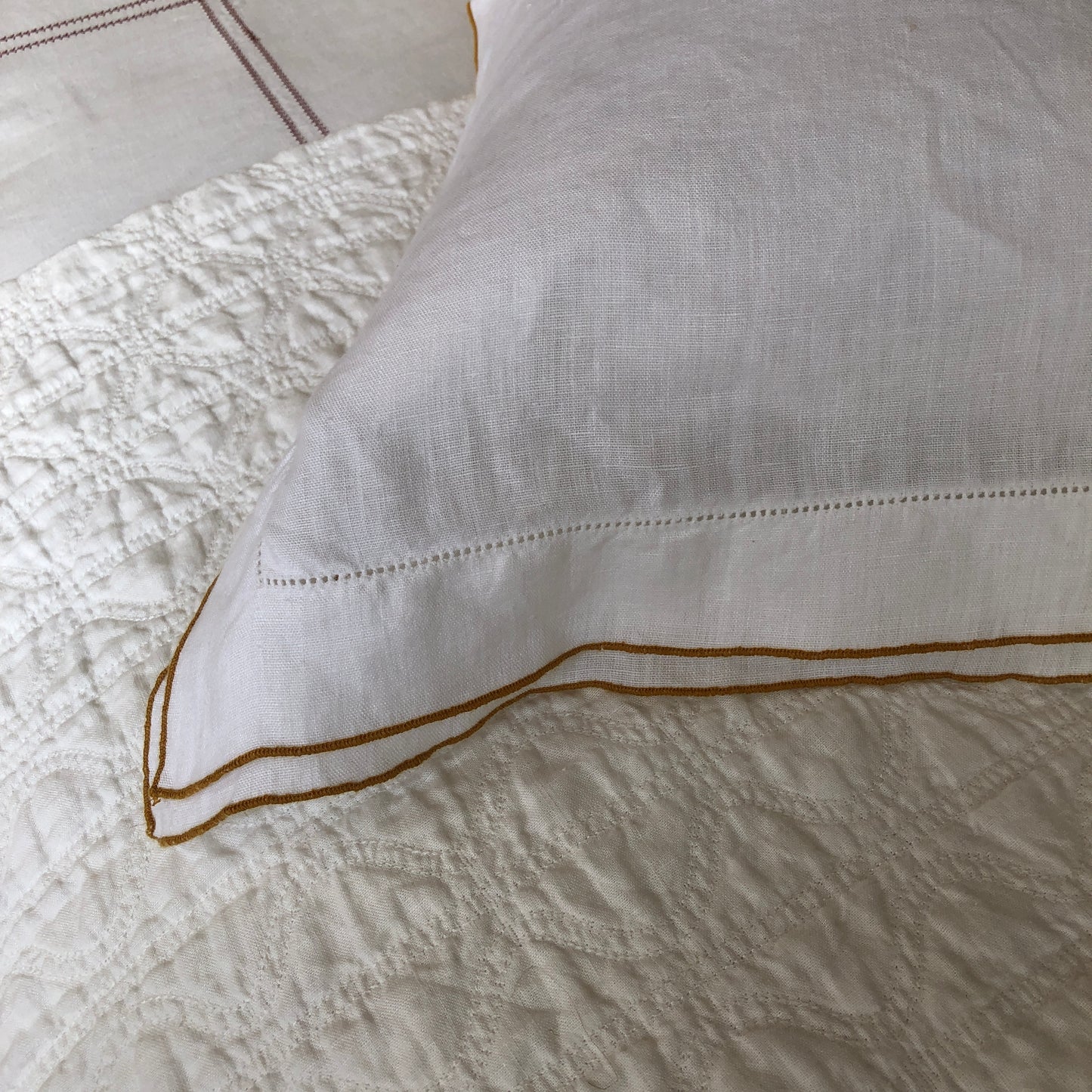 Development Sample - Hemp Standard Rectangle Pillowcase With Double Oxford Edge With Old Gold Borders & Ivory White Hemstitch