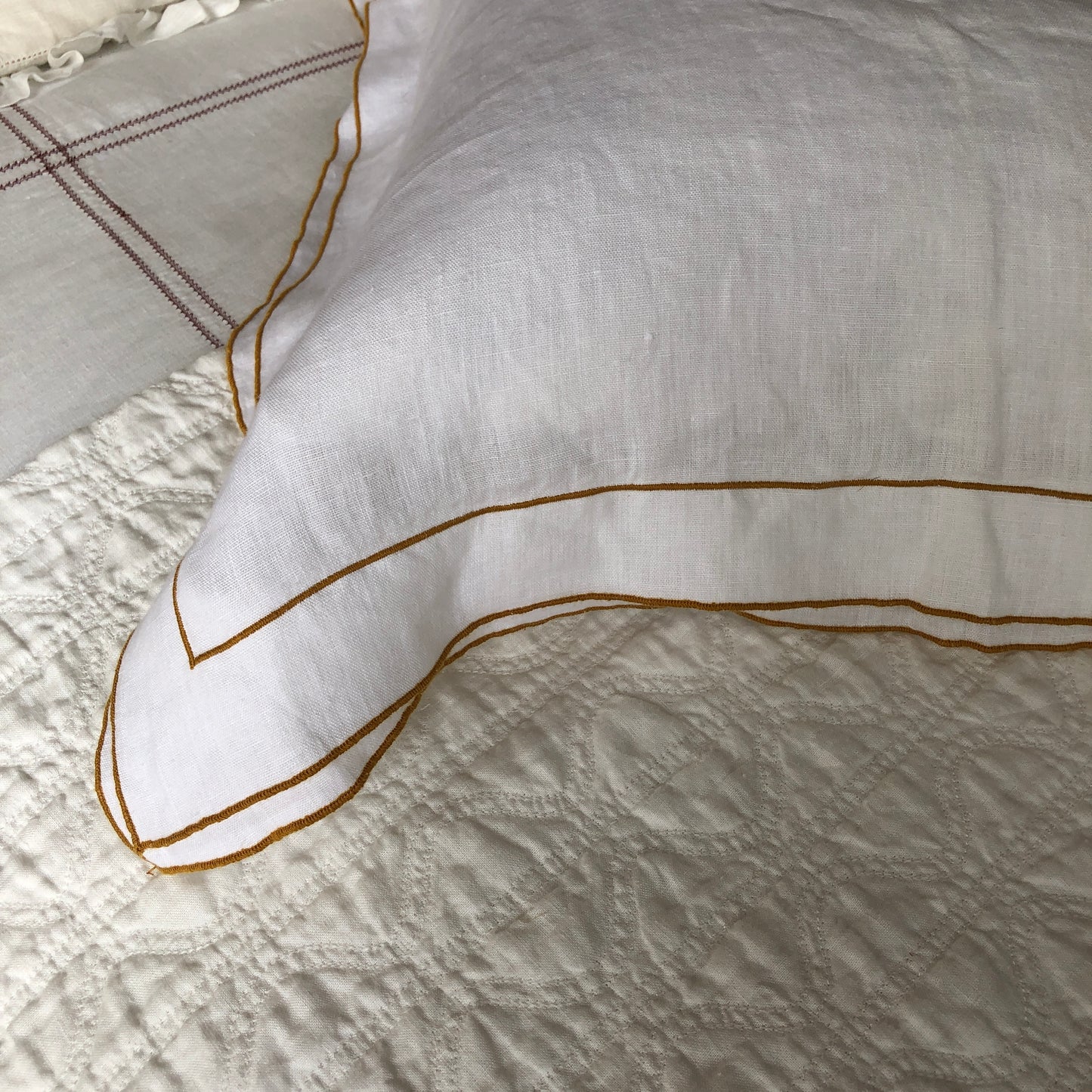 Development Sample - Hemp Standard Rectangle Pillowcase With Old Gold Border & Double Oxford Edge With Old Gold Borders