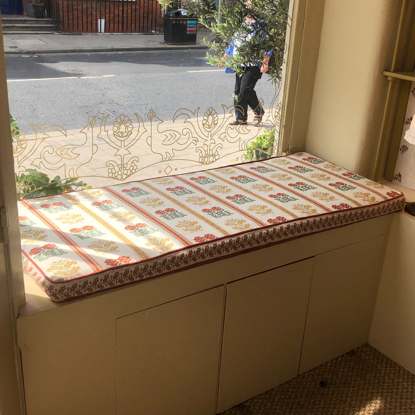 Ex Display Folkloric Floral Stripe Dual Use Printed Linen Amber Seat Bench Cushion Cover with Folkloric Floral Terracotta Braid