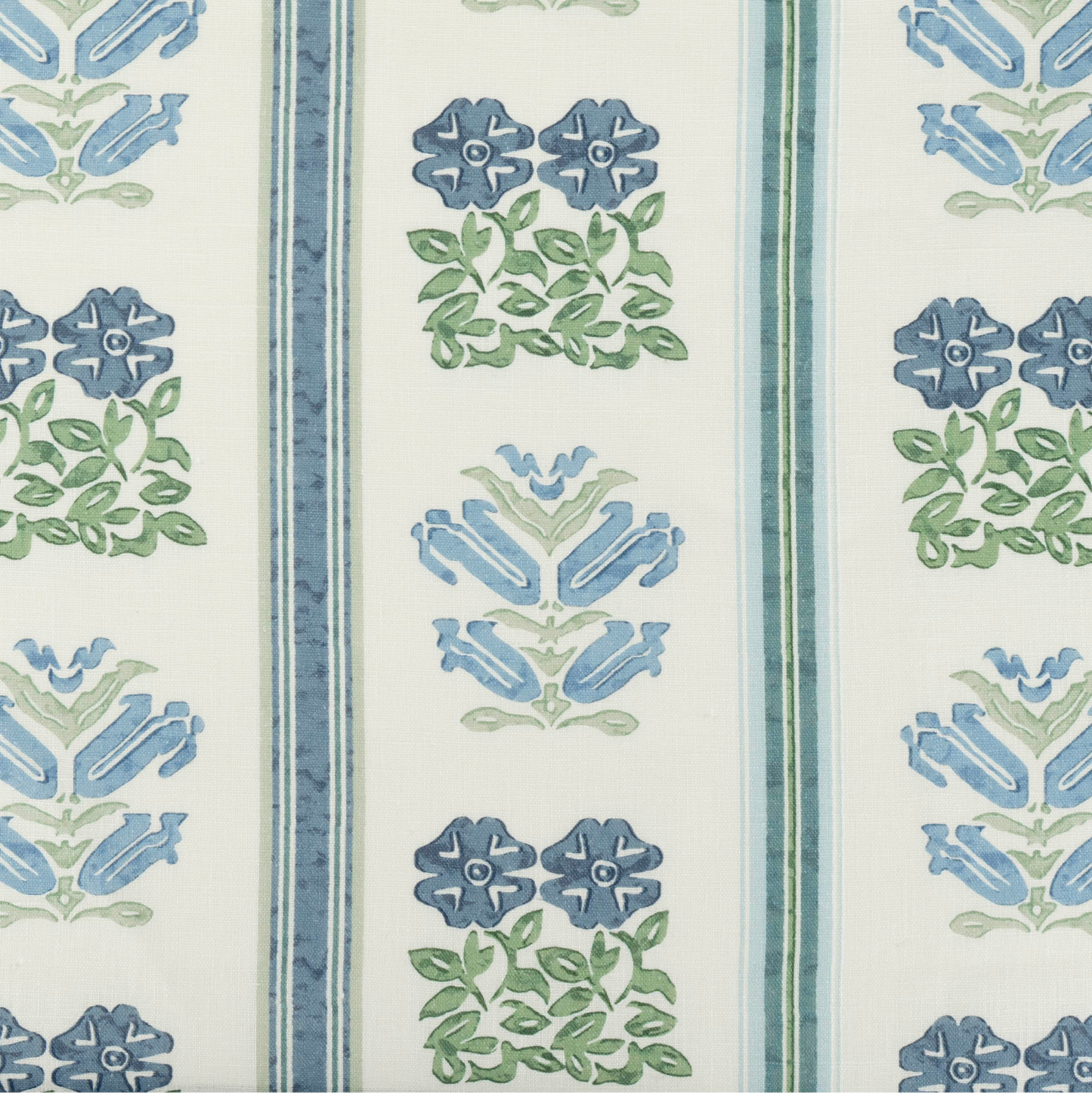 Off Cut - 0.48m Folkloric Floral Stripe Dual Use Printed Linen Delft Blue/Oyster