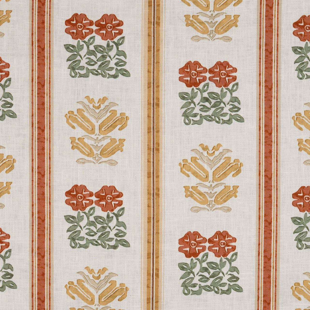 Sample - Folkloric Floral Stripe Dual Use Printed Linen Amber/Oyster