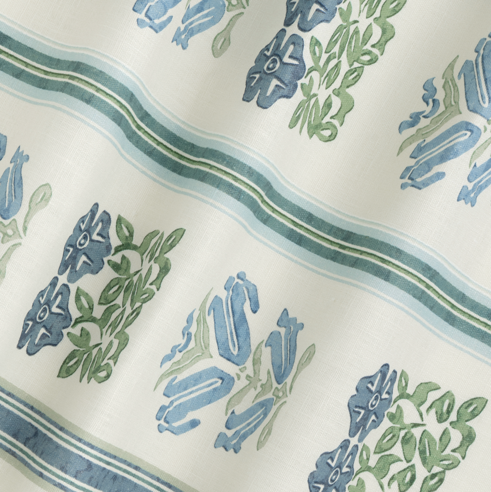Folkloric Floral Stripe Dual Use Printed Linen Delft Blue/Oyster