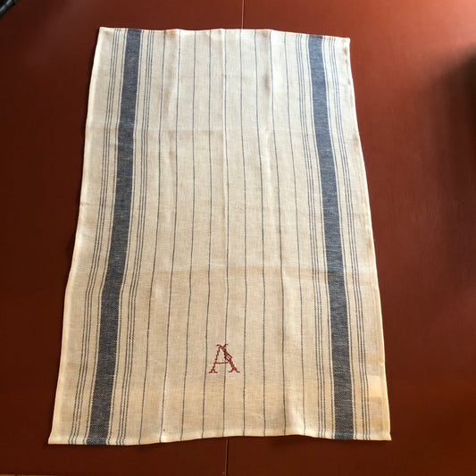 French Blue Stripe Kitchen Towel With "A" Embroidery in Volga Red Cross Stitch