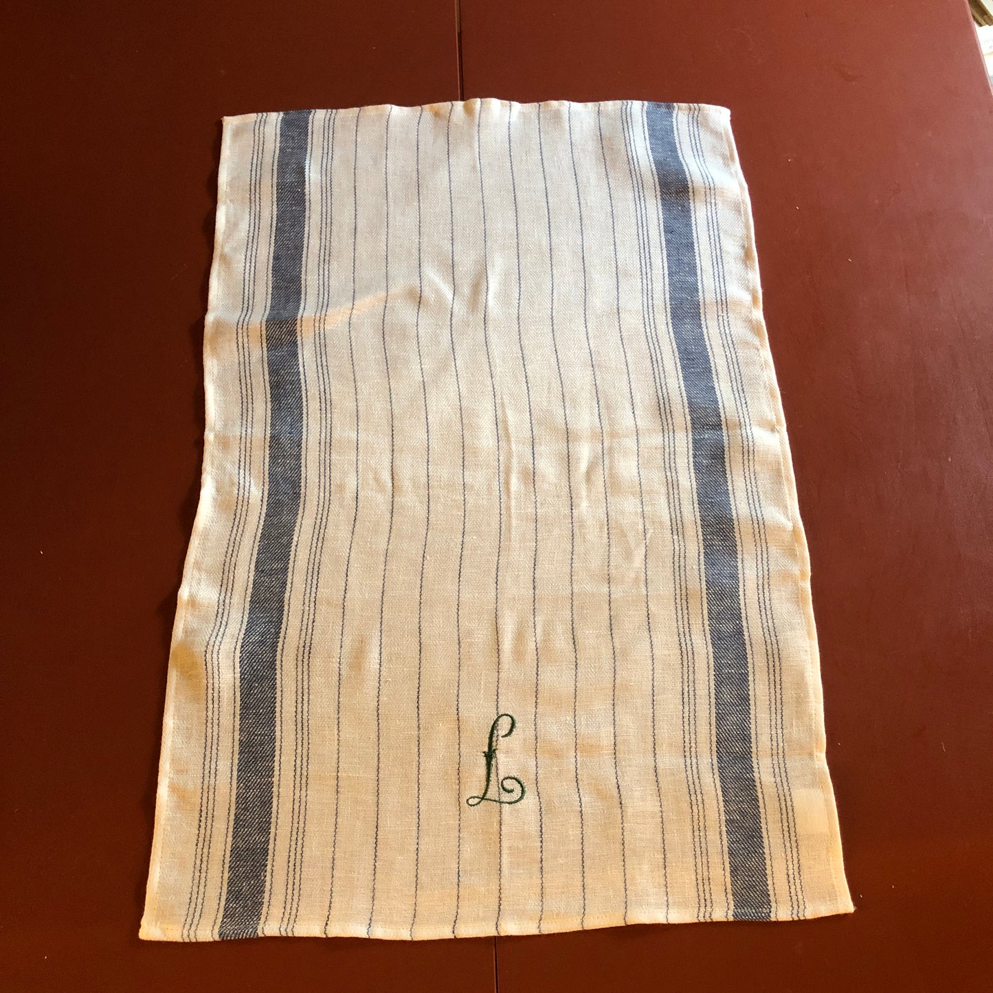French Blue Stripe Kitchen Towel With "L" Embroidery in Botanical Green Antique French