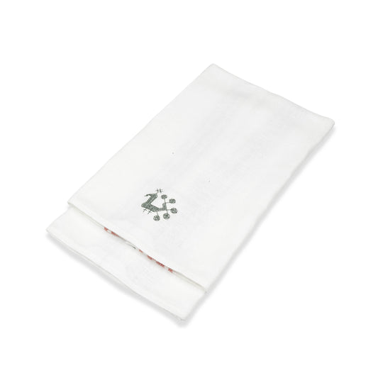 Set of 2 French Red Edge Stripes Kitchen Towel with Volga Cockerel in Green