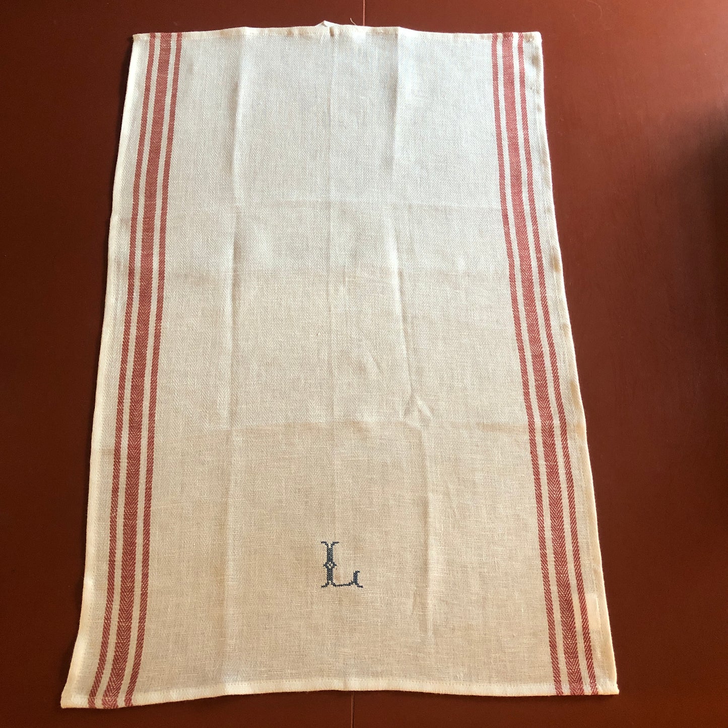 French Red Stripe Kitchen Towel With "L" Embroidery in Prussian Blue Cross Stitch
