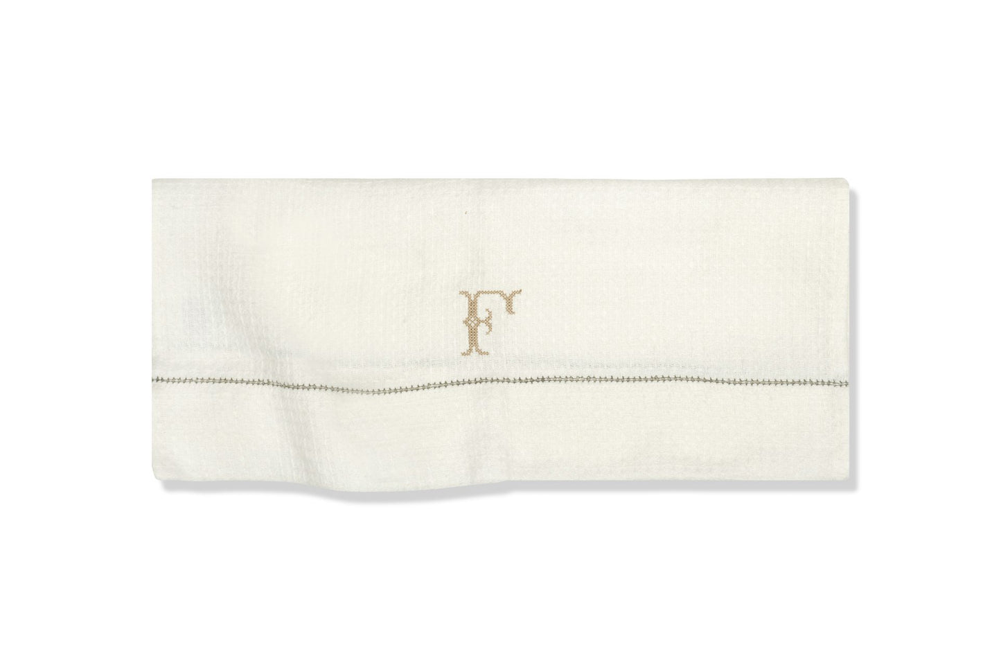 Liège Hand Towel in Ivory White Waffle with Olive Green Hemstitch
