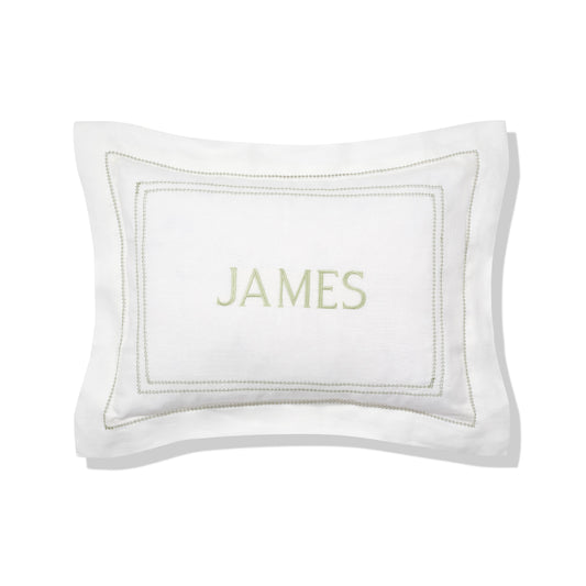 Elizaveta personalised boudoir pillow in botanical green hemstitch
