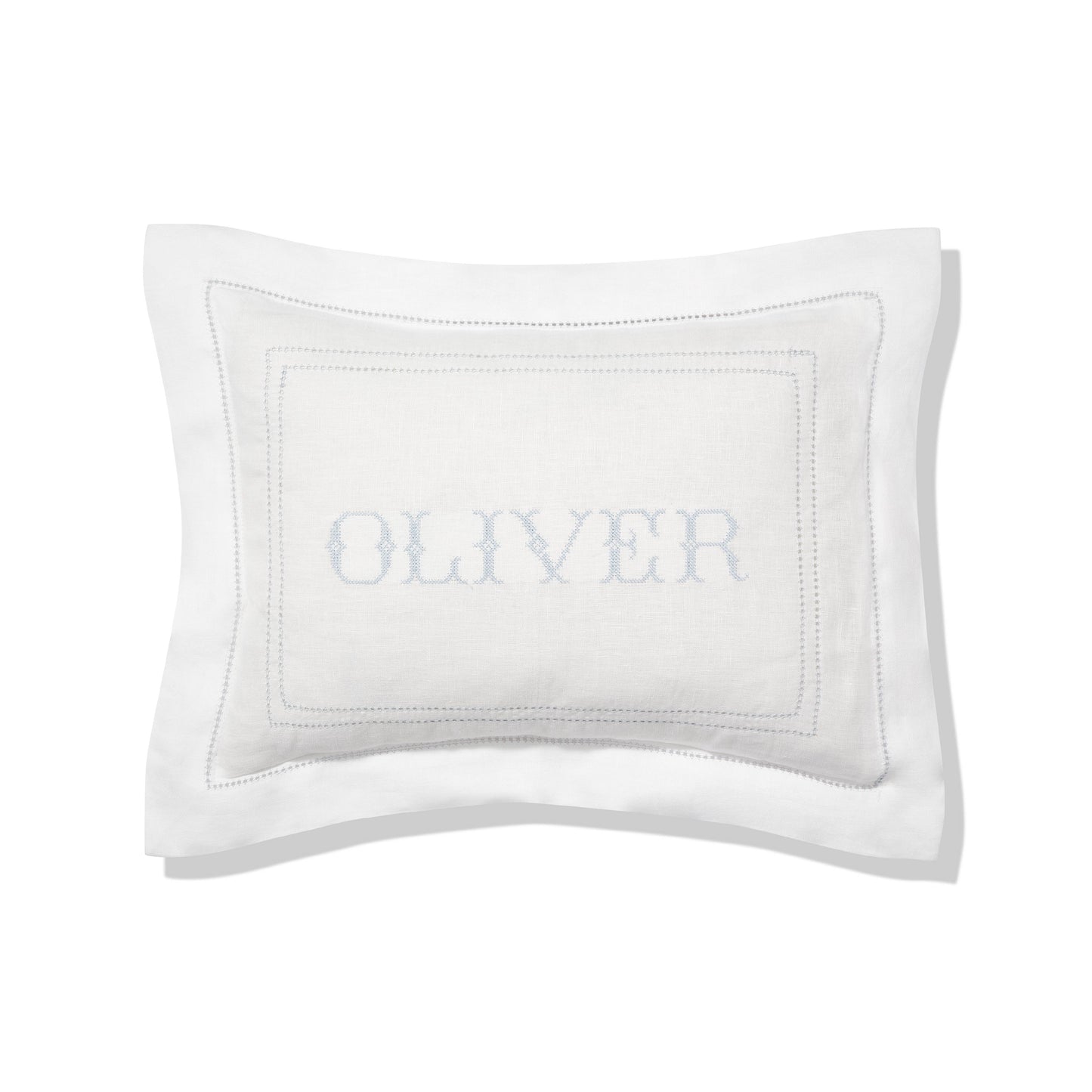Elizaveta personalised boudoir pillow in chambray blue hemstitch