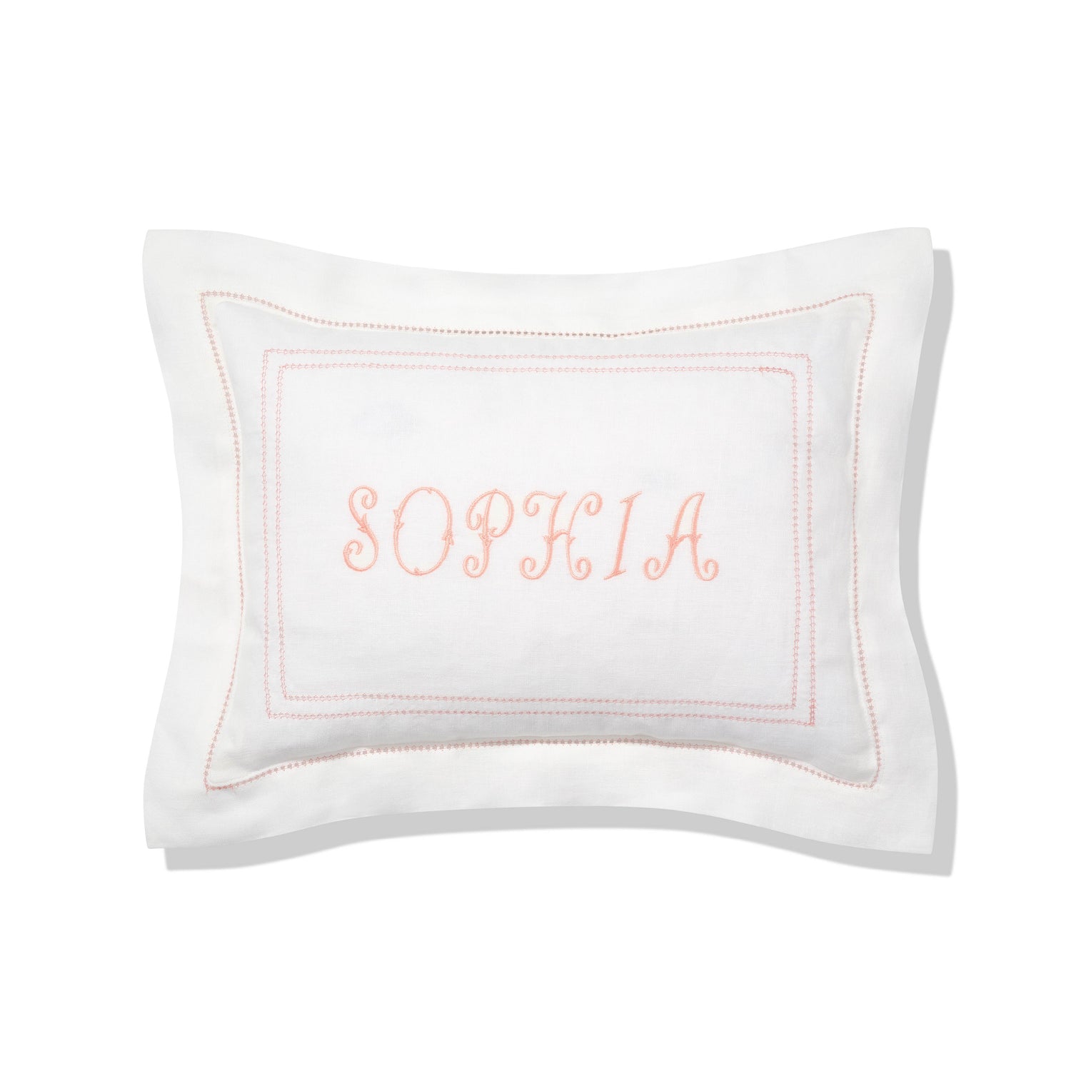 Elizaveta personalised boudoir pillow in coral hemstitch