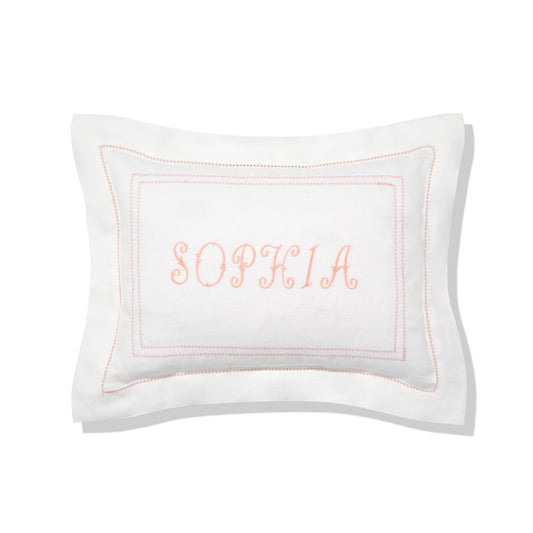 Elizaveta personalised boudoir pillow in coral hemstitch