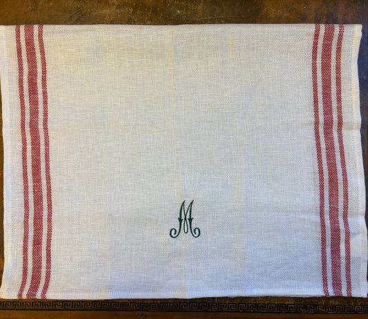 Kitchen Towel in French Red with Fern Green Antique French Initial