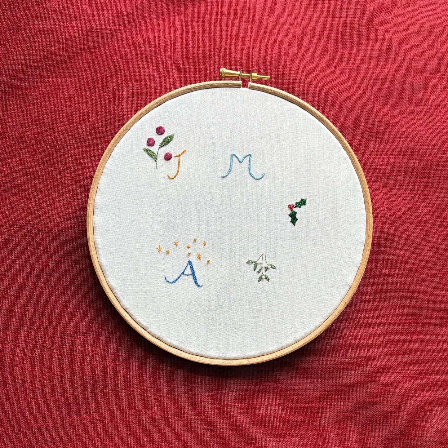 Pomegranate Print Stocking in Tawny Gold with Hand Embroidery