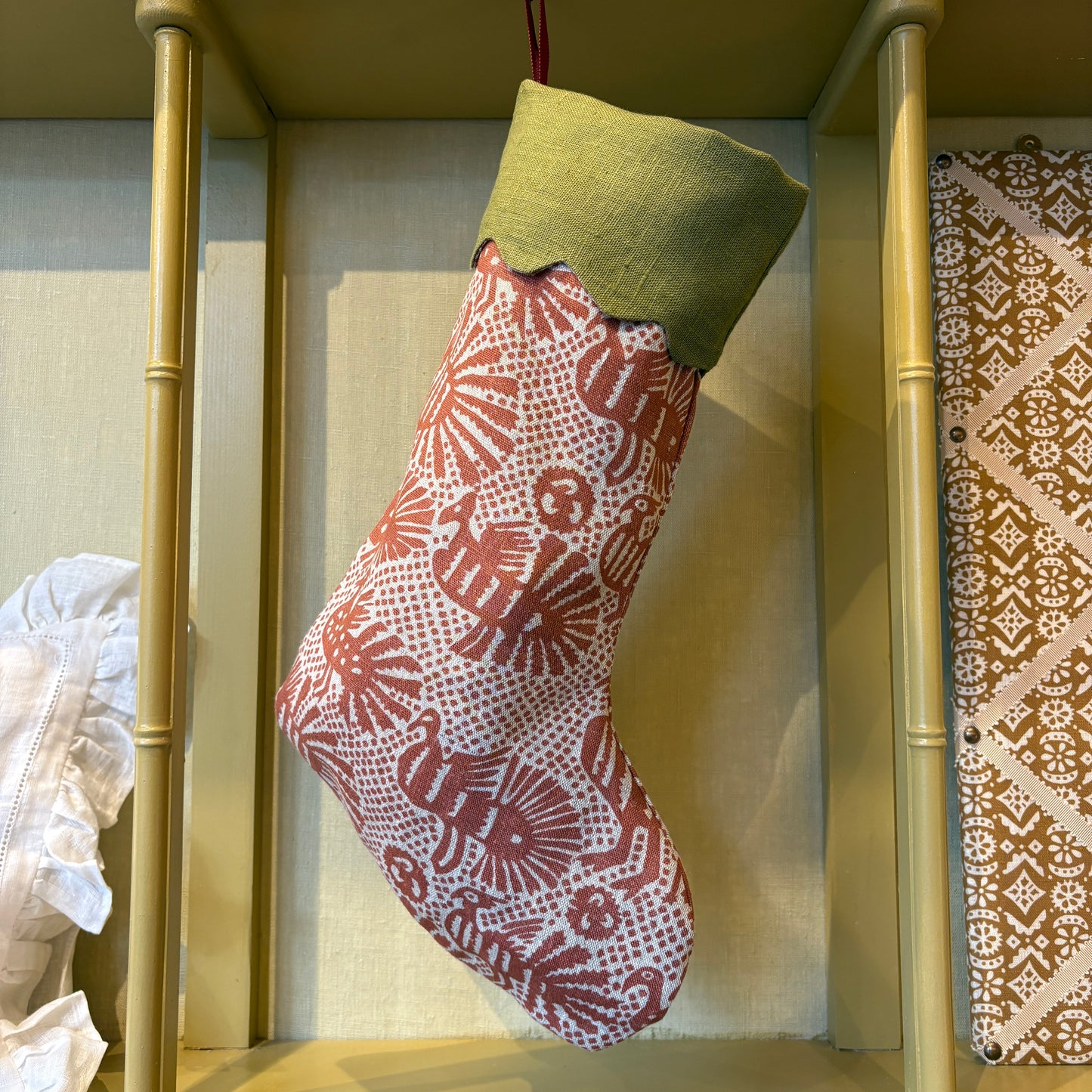 Sirin Print Stocking in Terracotta with Fern Green Scallop Top