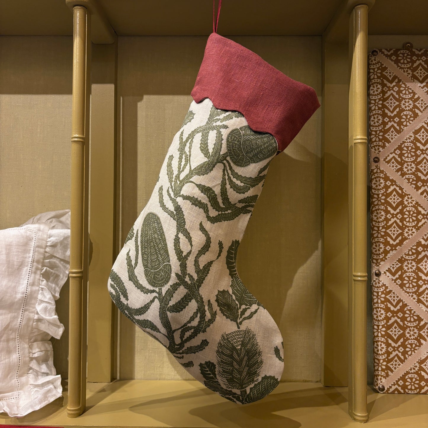 Cape Botanical Print Stocking in Botanical Green with Marsala Scallop Top