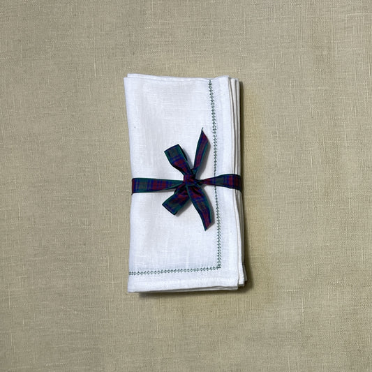 Set of 4 Ivory White Napkins with Constantia Green Hemstitch