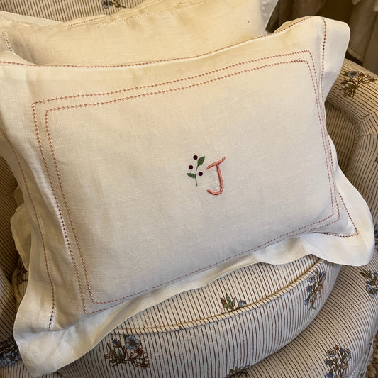 Elizaveta Boudoir Pillow in Coral Hemstitch with Hand Embroidery