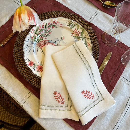Set of Botanical Green Double Hemstitch Edge Napkins with Ludmila Floral Embroidery