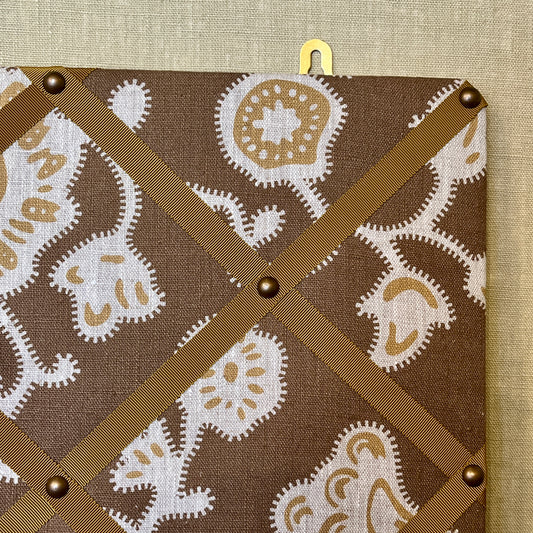 Ribboned Bulletin Board in Volga's Persian Poppy Print in Bronze with Old Gold Trim
