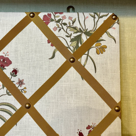 Ribboned Bulletin Board in Volga’s Flax & Field Flower Scarlet Print with Old Gold Trim