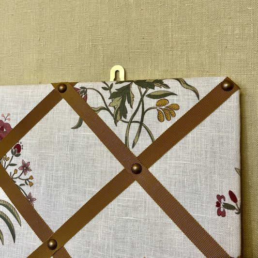 Ribboned Bulletin Board in Volga’s Flax & Field Flower Scarlet Print with Old Gold Trim