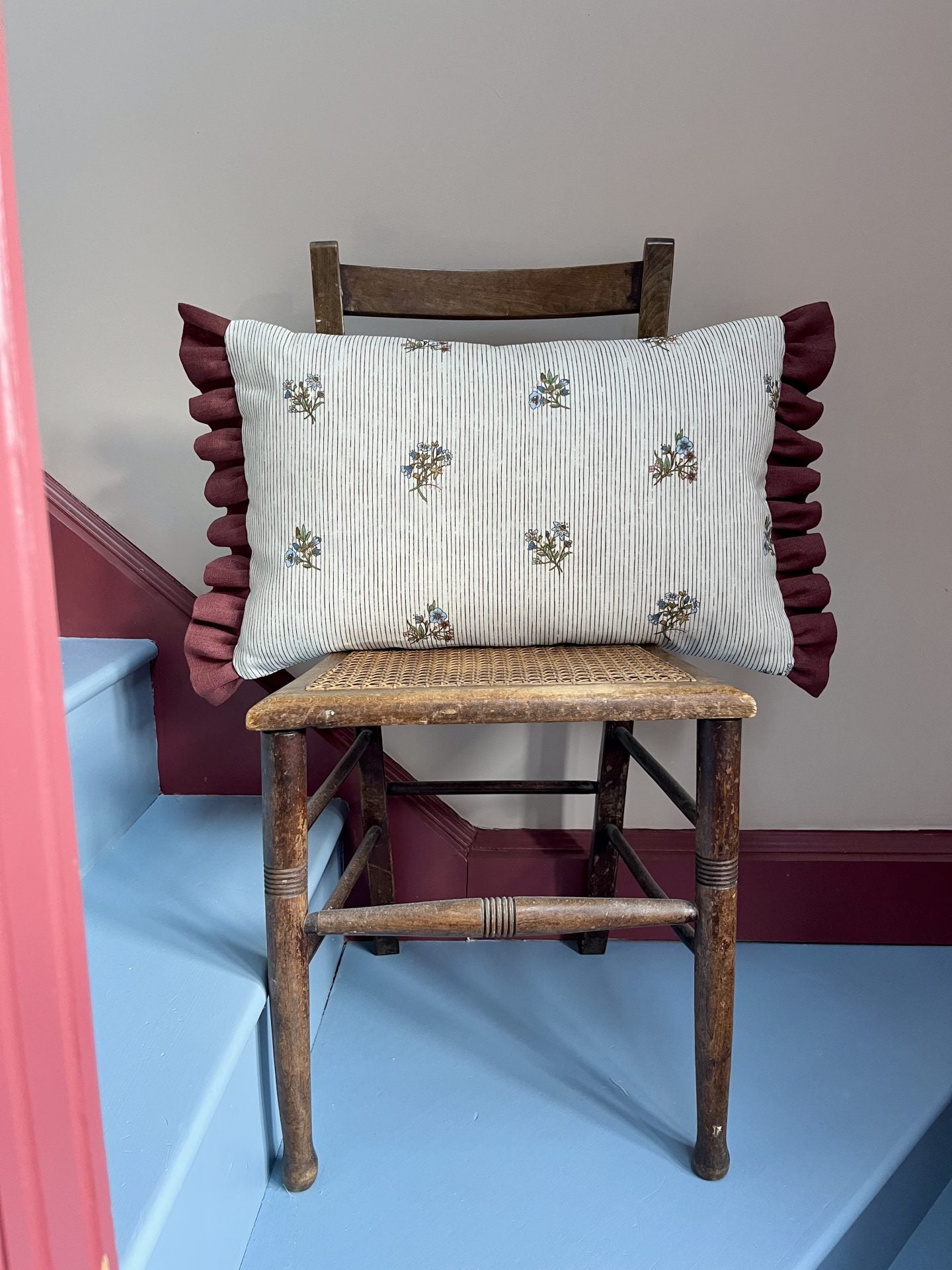 flax & field posy pinstripe print cushion with marsala frill