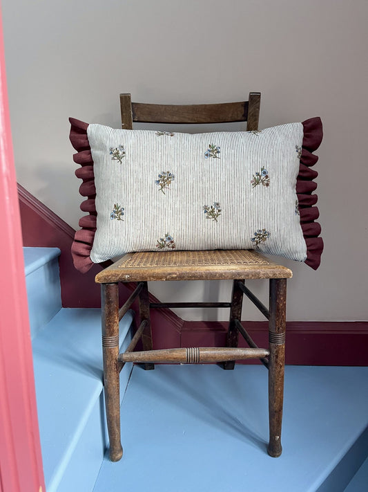 flax & field posy pinstripe print cushion with marsala frill