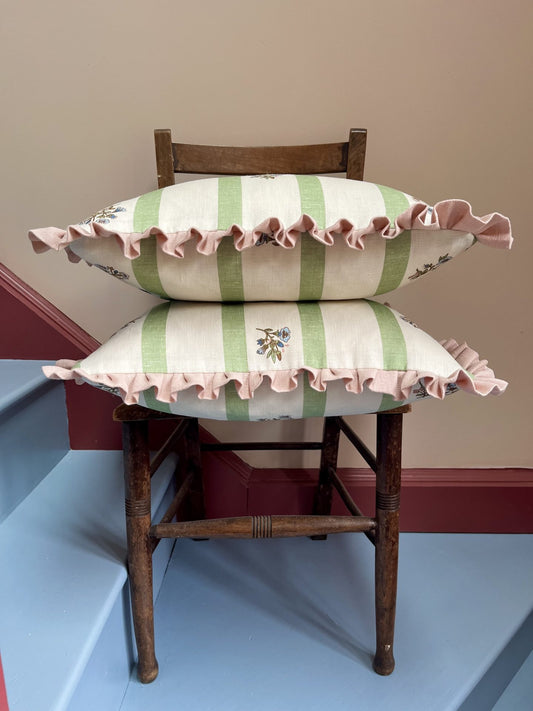 Flax & Field Posy Stripe Eucalyptus Cushion with English Rose Frill