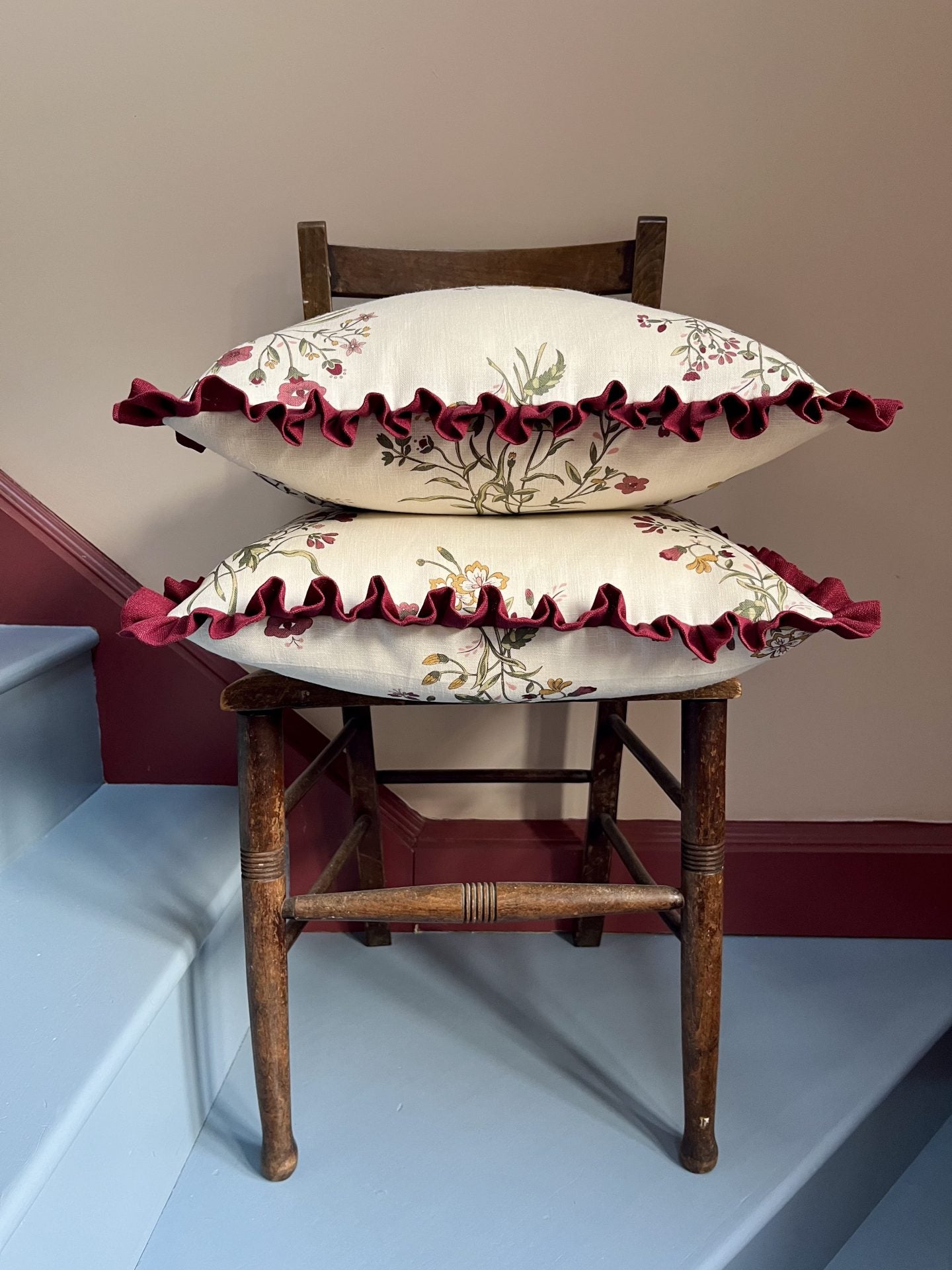 Flax & Field Flower Print Cushion in Scarlet with Scarlet Frill