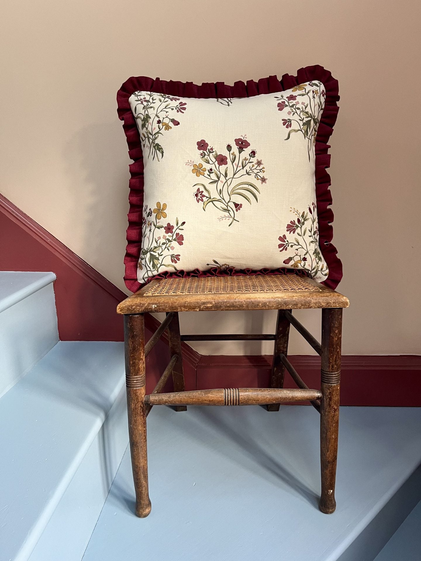 Flax & Field Flower Print Cushion in Scarlet with Scarlet Frill