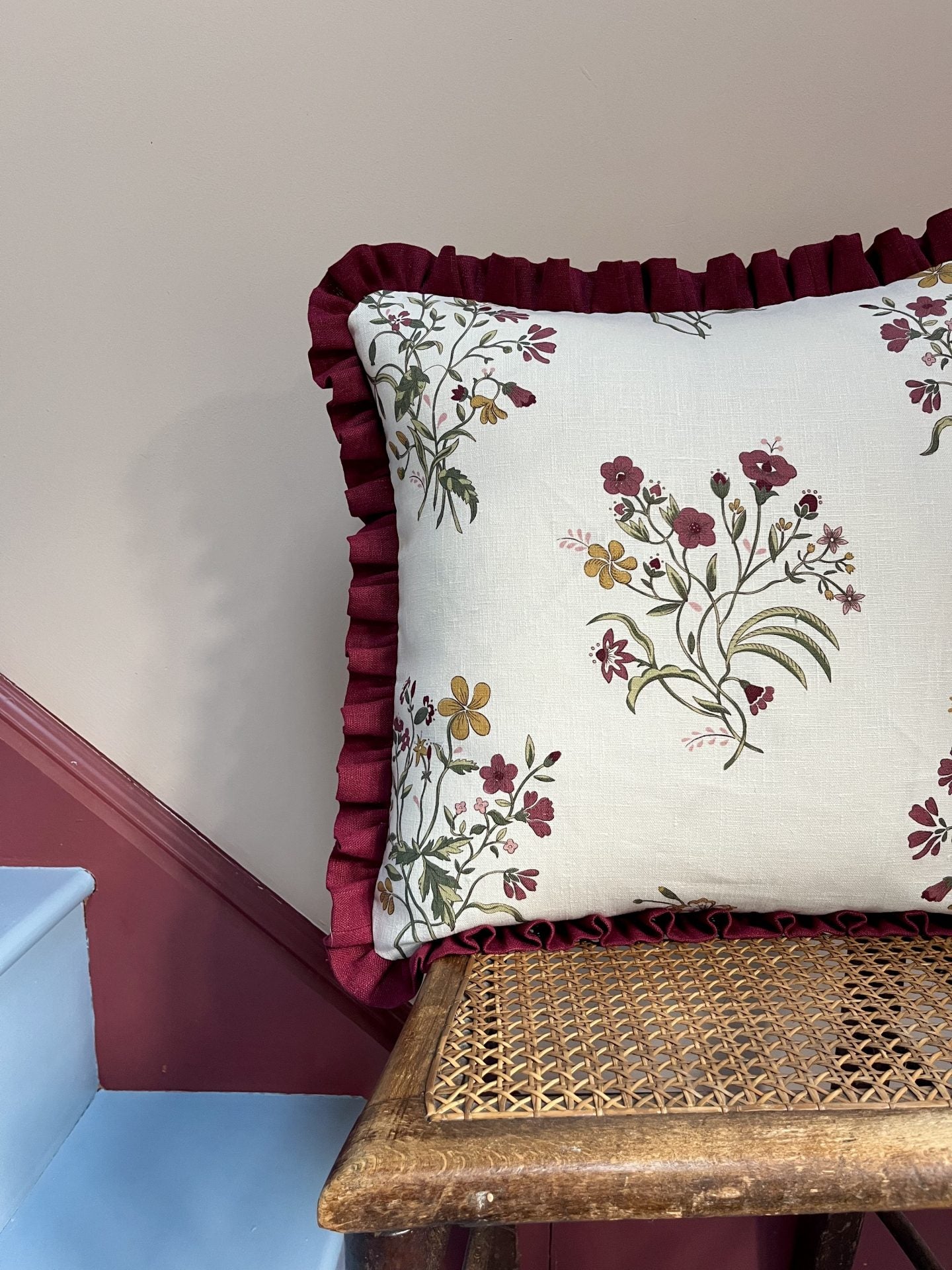 Flax & Field Flower Print Cushion in Scarlet with Scarlet Frill